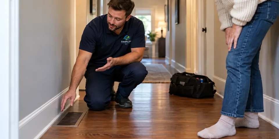 Male technician discussing a floor vent with a homeowner in a residential hallway