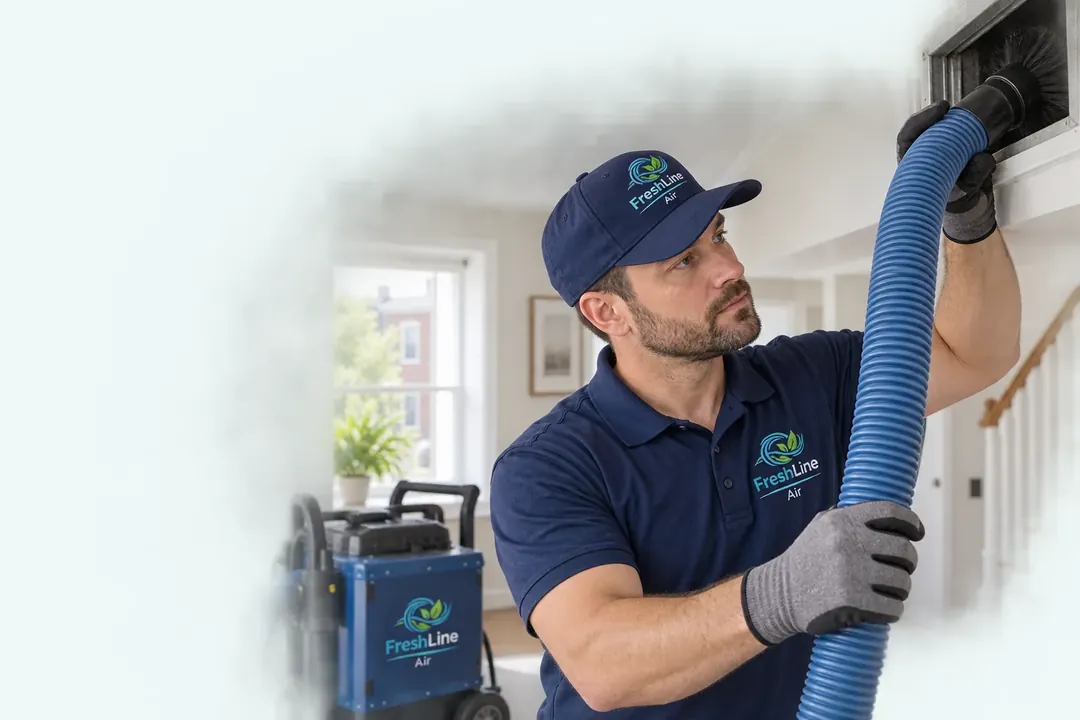 Illustrative image of a FreshLine Air technician cleaning residential ductwork