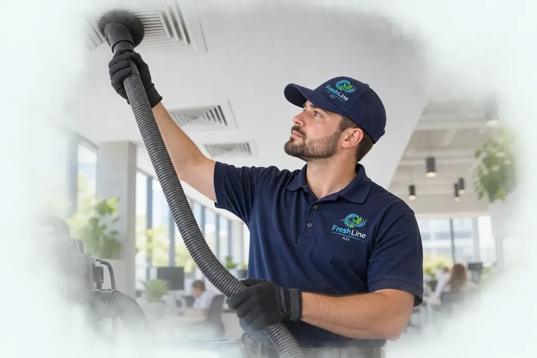 Male technician working with accessible commercial ductwork