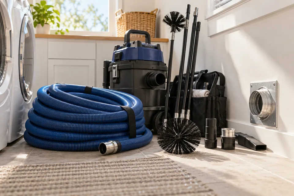 Vent cleaning equipment organized in a residential laundry room