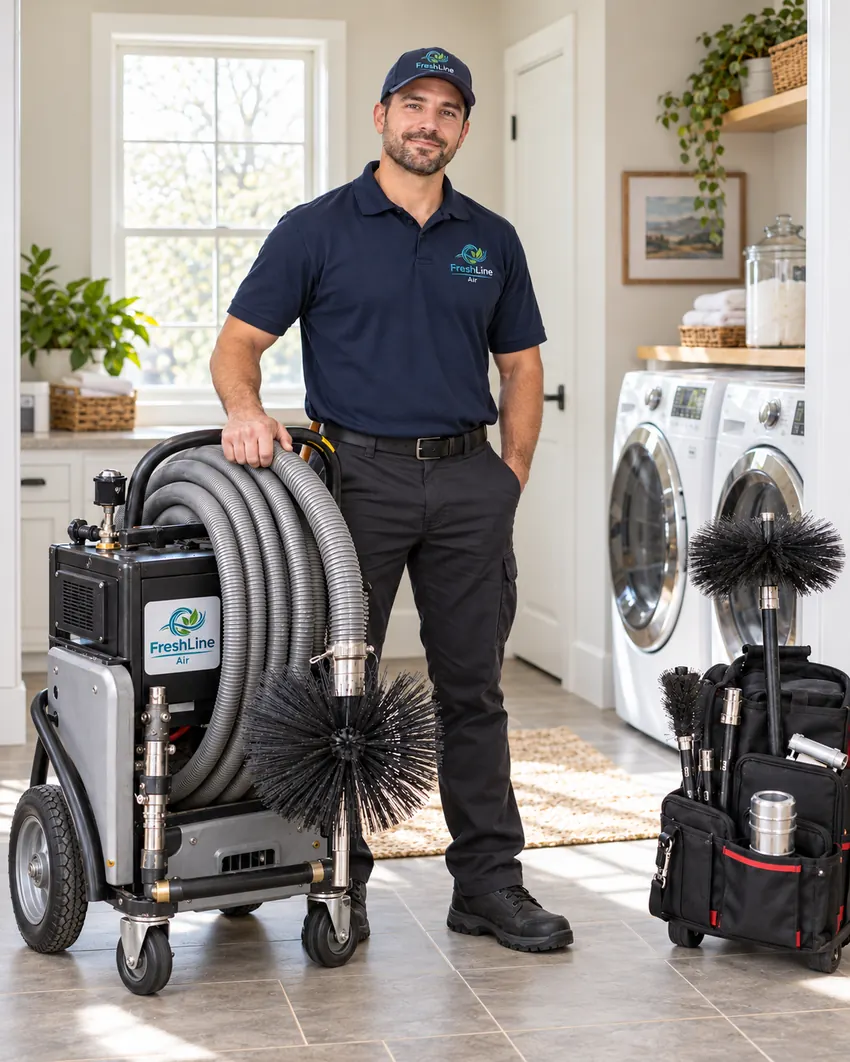 Full-length male technician with FreshLine Air logo on cap, shirt and duct-cleaning equipment in a residential laundry room