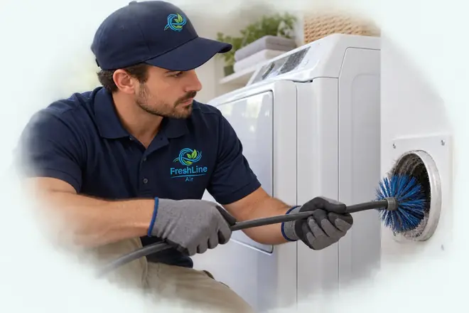 Technician cleaning a dryer exhaust vent