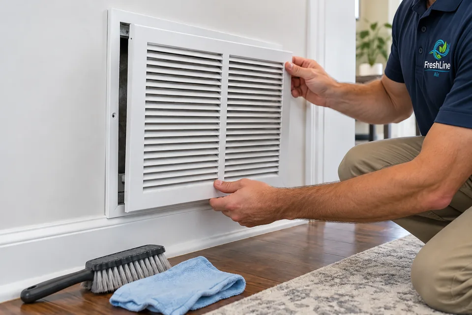 Technician replacing a return vent grille after inspection
