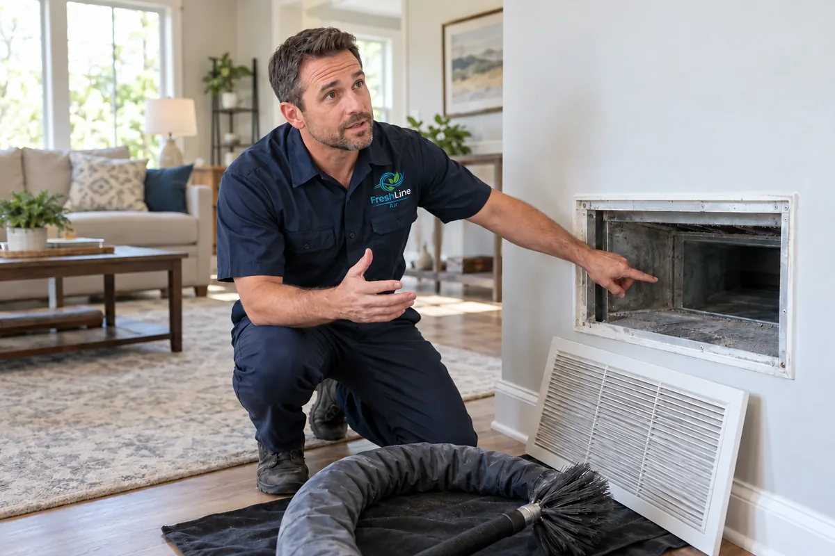 Male technician explaining an accessible return vent in a residential living room