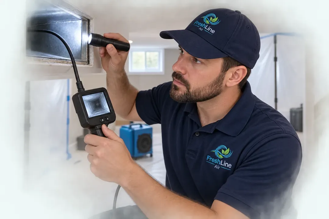 Technician inspecting accessible ductwork after a renovation