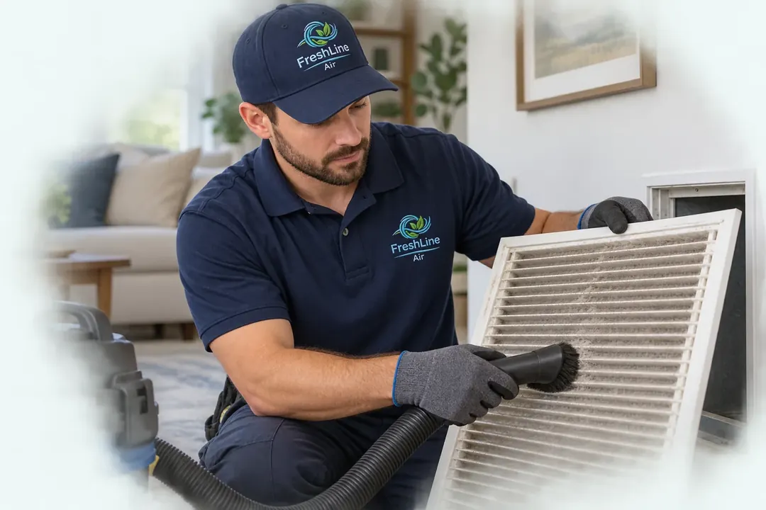 Illustrative technician cleaning a return air grille