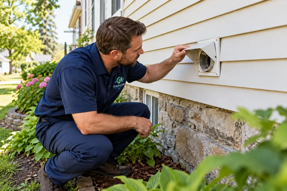 Male technician inspecting an exterior dryer vent on a residential house